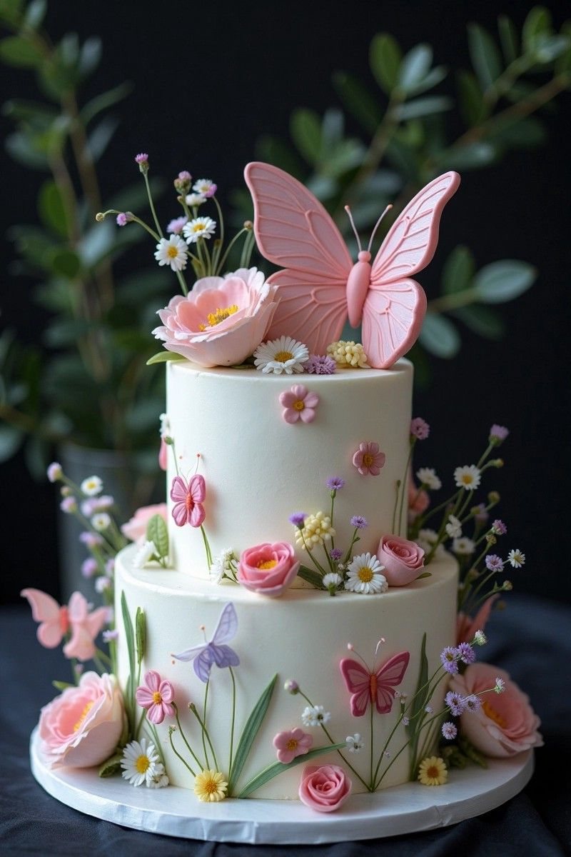 Two-tier butterfly and wildflower cake in sugar paste