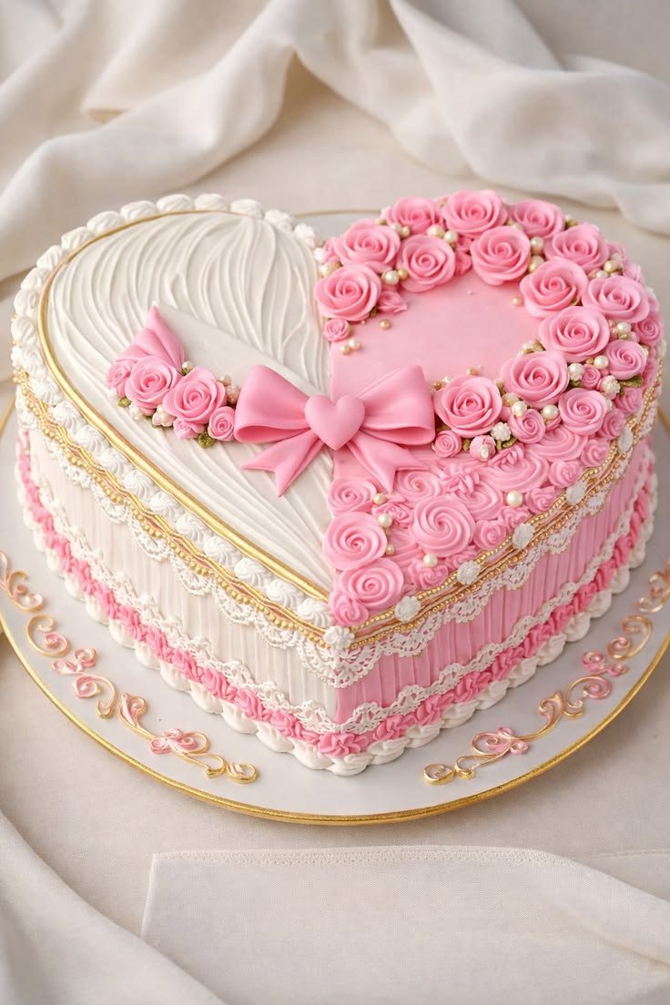 Pink and white piped heart cake with sugar roses and a bow