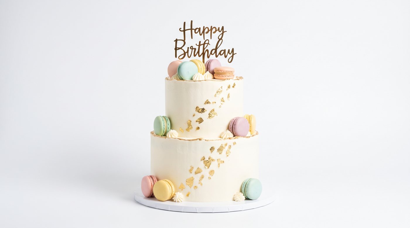 Two-tier birthday cake with pastel macarons and edible gold leaf