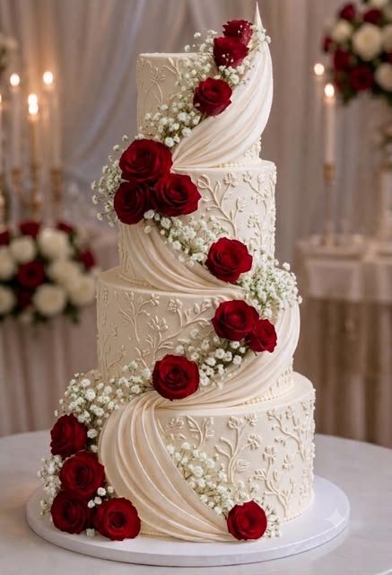 Four-tier wedding cake with textured buttercream and red roses